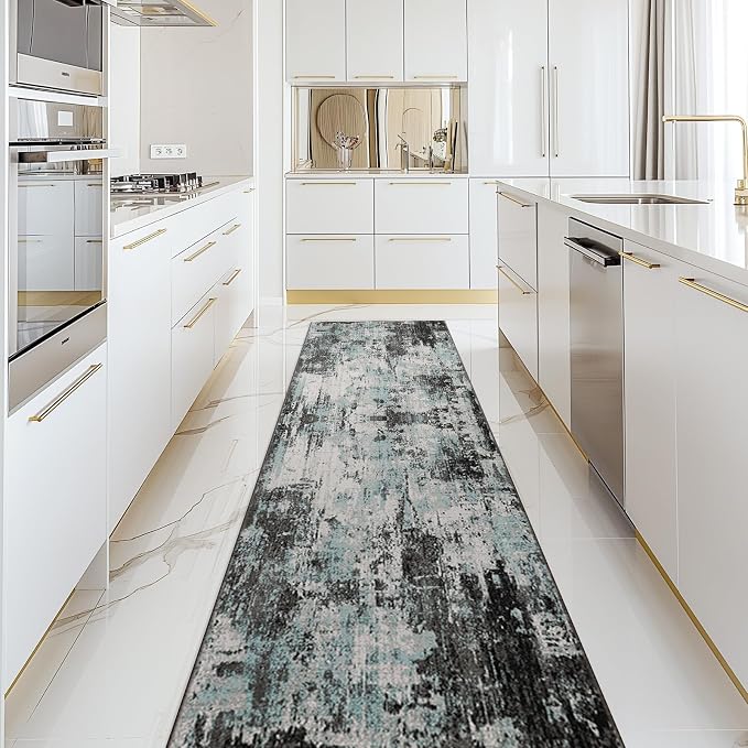 RELEANY Washable Area Rugs 2'x10' Non-Slip Modern Abstract Soft for Living Room Entryway Bedroom Kitchen, Print Pattern, Blue Black Teal