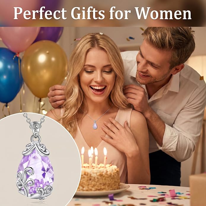 POPLYKE Sterling Silver Gemstone Teardrop Pendant Necklace Crystal Jewelry for Women