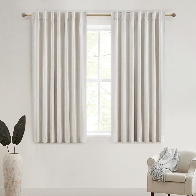 Room Darkening Curtains 63 Inches Long,Small Bay Window Blackout Dining Room Curtains Boho Linen 63 Inch Length 2 Panels Insulated Hook Belt Back Tab Pocket Pleated Drapes Cream Beige (W50" x L63")