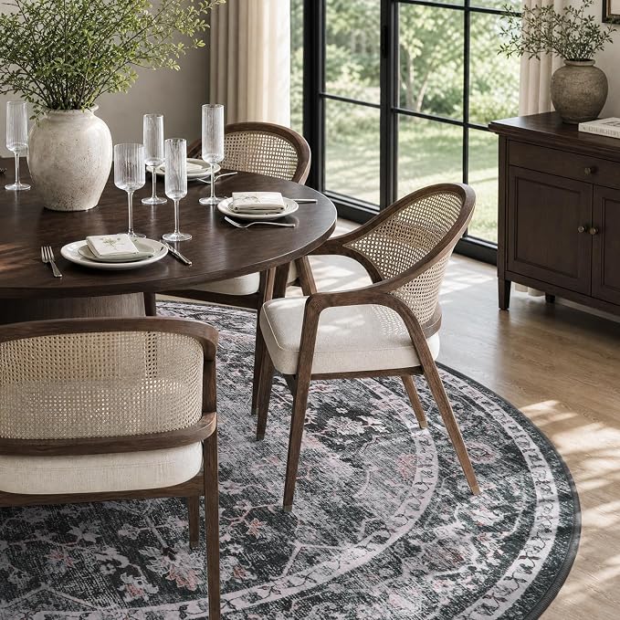 AMOAMI-6FT Round Rug-Rugs for Living Room-Vintage Soft Black Rugs for Bedroom-Non Slip Circle Rug-Machine Washable Rug for Dining Room Living Room Bedroom Office Under Table Dark Grey & Black