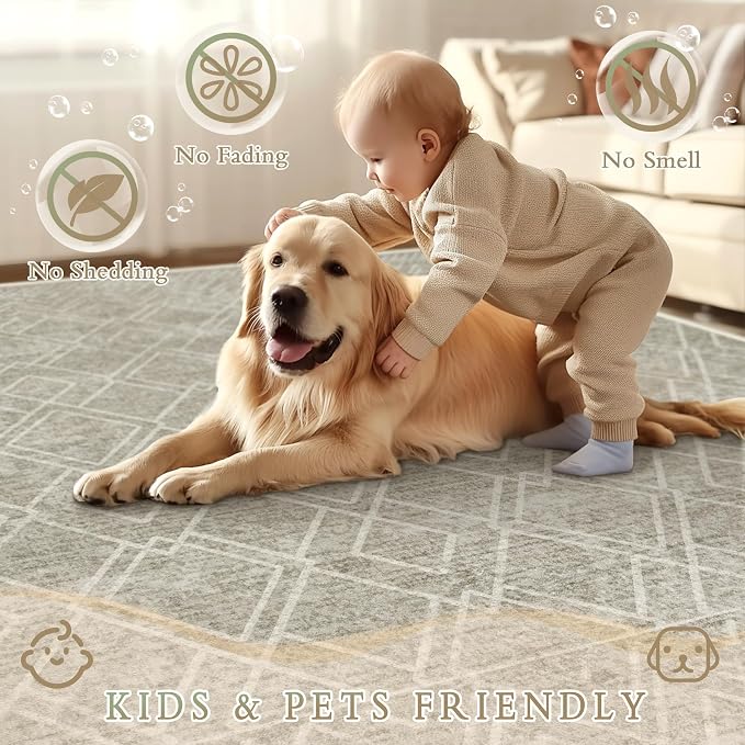Area Rugs 5x7 Living Room Rug: Washable Geometric Moroccan Neutral Rugs Boho Modern Non Slip Area Rug Soft Indoor Floor Low Pile Carpet for Bedroom Nursery Dining Room Home Office (Brown, 5'x7')