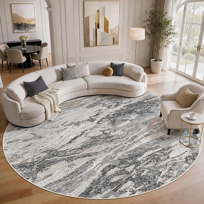 Area Rugs for Living Room: 10ft Round Abstract Washable Rug Modern Neutral Large Soft Stain Resistant Non-Slip for Bedroom Dining Room Indoor Home Office Carpet - Tapue