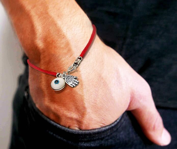 Hamsa Protection Bracelet for Men 8" Length, Red Silk String with Hamsa Hand Charm - Evil Eye Protection Jewelry for Success & Friendship - Gift in Cotton Pouch