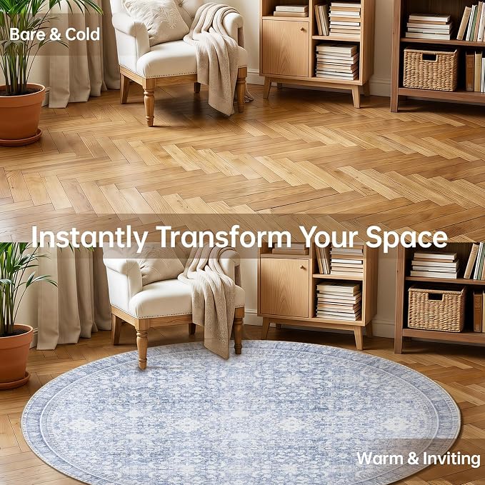 Sasttie Round Rugs 6ft, Ultra-Soft Washable Circle Rug, Low Pile Foldable Thin rugs with Non-Slip Backing, Skin-Friendly Stain Resistant Carpet for Living Room, Bedroom, Kitchen, Dorm, 6ft, Light Blue