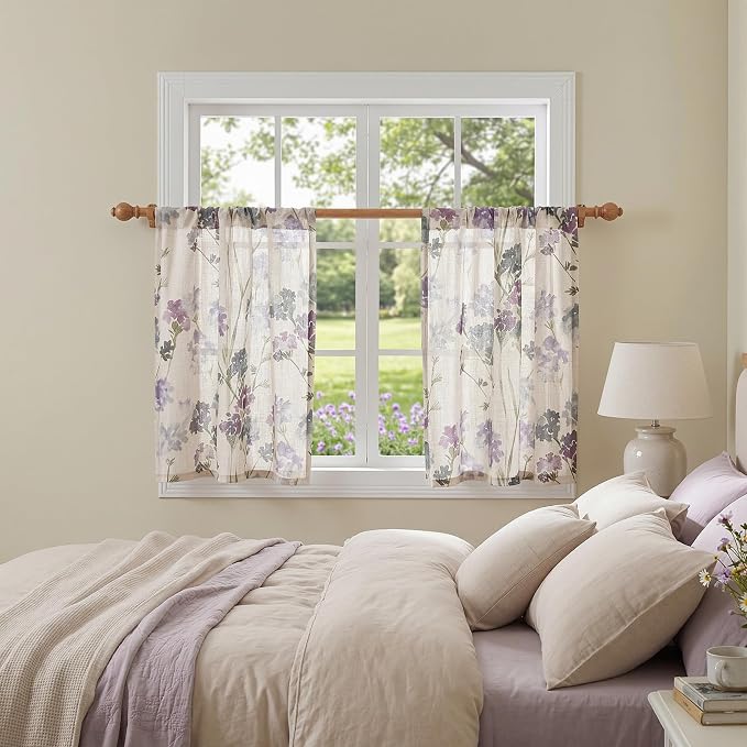 MYSKY HOME Floral Linen Kitchen Tier Cafe Curtains 24 Inch Length 2 Panels Farmhouse Semi Sheer Privacy Small Window Treatments Rod Pocket for Bathroom Basement, Purple, 30" Each Panel