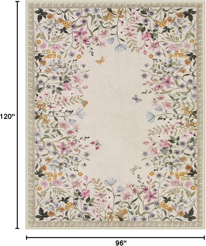 Wonnitar 8x10 Washable Area Rug, Beige Floral Rug for Living Room, Boho Large Non Slip Bedroom Carpet, Low Pile Soft Nursery Rug, Farmhouse Dining Room Decor (8x10 Beige)
