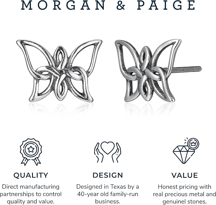 MORGAN & PAIGE .925 Sterling Silver Oxidized, 18K Yellow Gold or 14K Rose Gold Plated Butterfly Celtic Knot Dangle or Stud Earrings for Women - Hypoallergenic Sterling Silver Earrings, Gifts for Her