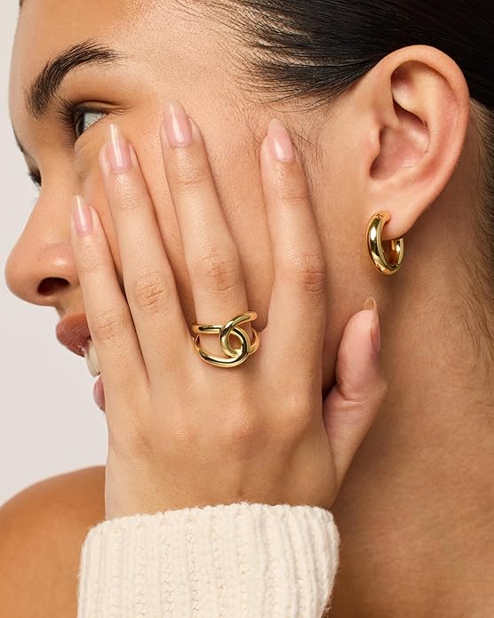 PAVOI 14K Gold Plated Chunky Interlock Statement Ring for Women | Interloop Band Thick Link Stackable Rings