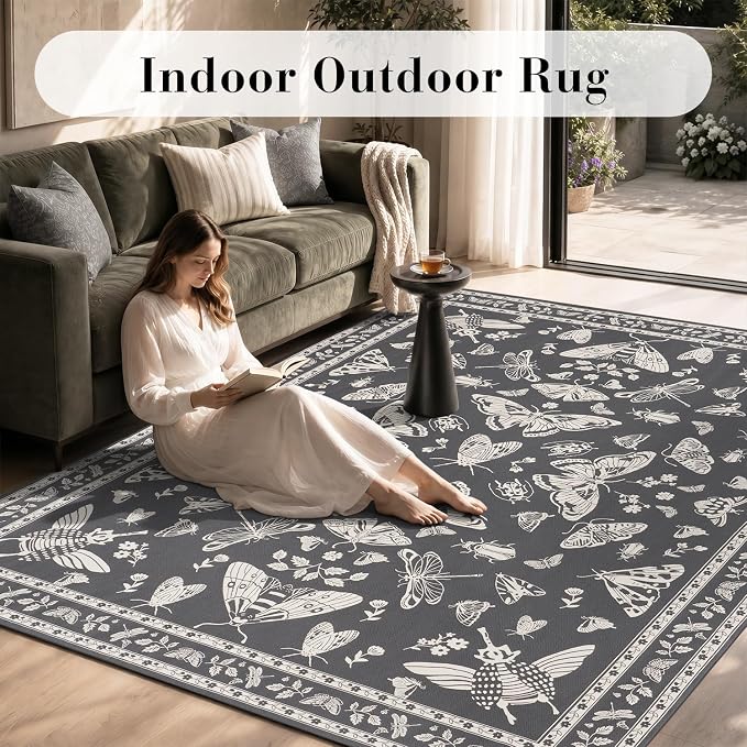 AMOAMI-Outdoor Rug-Patio Rug 8x10 ft Quick Dry Machine Washable Flatweave Textured Outdoor Carpet with Rubber Particles Backing Indoor Outdoor Rug for Patio Deck Front Porch Balcony Greyish Black
