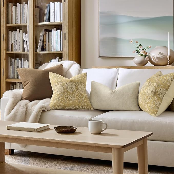 Vintage Floral Print Throw Pillow Covers 12x20 Set of 2 Neutral Modern Farmhouse Pillowcases Accent Decorative Cushion Covers Boho Home Decor for Couch Sofa Chair Bed Living Room, Yellow