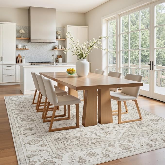 6x9 Area Rugs for Living Room:Beige Washable Vintage Medallion Carpet Non-Slip Soft Low Pile Large Rugs Indoor Retro Rug for Bedroom Nursery Dining Table Office Home(Beige White 6'x9')