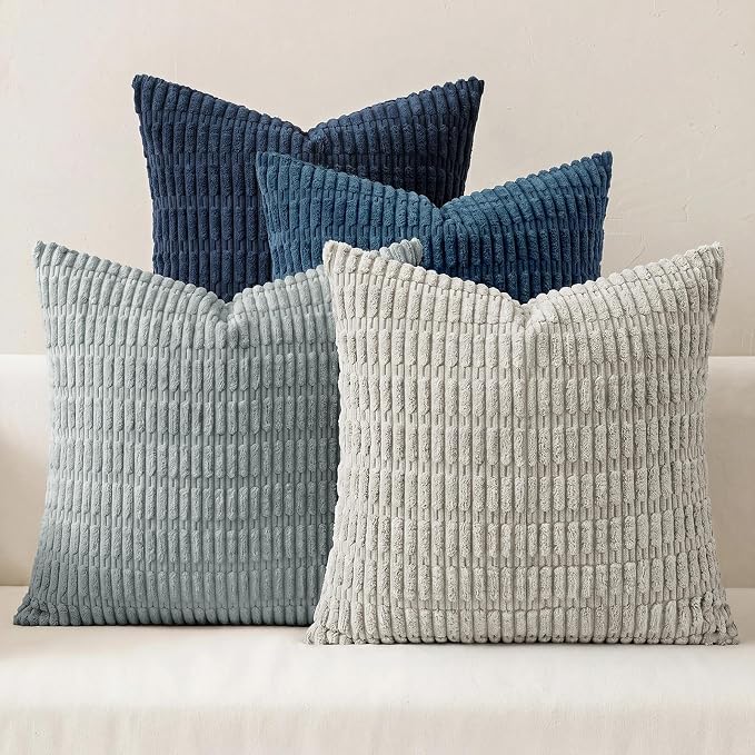 Softalker Throw Pillow Covers 22x22 Inch, Set of 4, Corduroy Soft Striped Farmhouse Boho Pillow Cover, Modern Decorative Cushion Pillow Case for Couch Sofa Bedroom Living Room, Grey/Blue