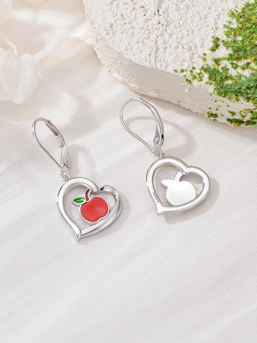 Midari Heart Dangle Earrings 925 Sterling Silver Leverback Drop Earrings Teacher Music Art Jewelry Gifts for Women Students Apple/Guitar/Palette/Note Design