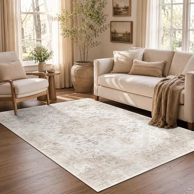 Rugxara 3x5 Washable Entryway Rug, Non Slip Boho Runner Rugs for Hallway, Entrance, Kitchen, Bathroom, Laundry Room, Soft Entryway Carpet, Throw Low Pile Retro Imitation Wool Carpet, Beige