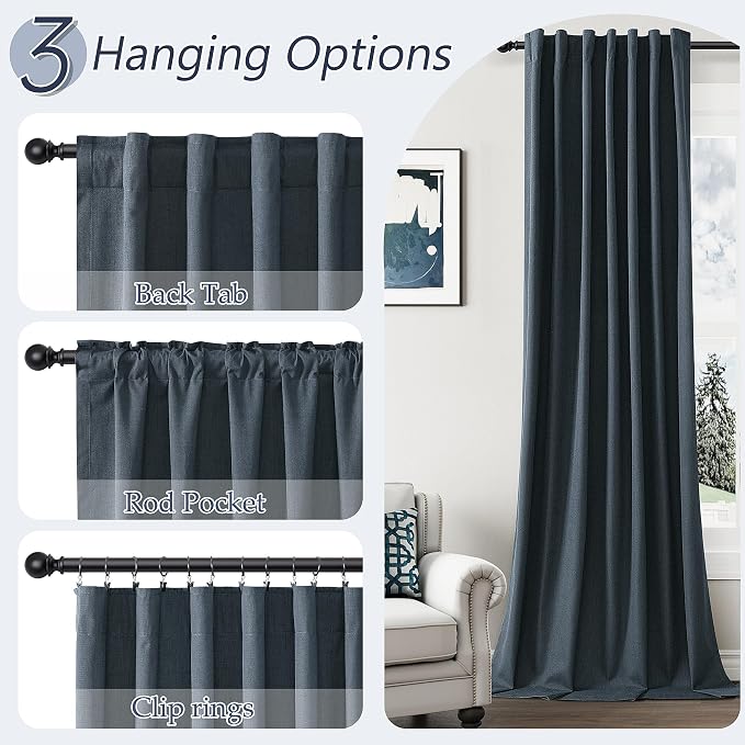 Guken Vintage Blue 100% Blackout Linen Curtains 108 Inch Length 2 Panels Set for Living Room Bedroom Back Tab Rod Pocket Thermal Insulated Black Out Drapes Room Darkening Window Curtains