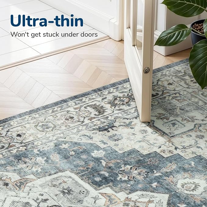 Lessymo Large Area Rugs 9x12 for Living Room, Soft Washable Rug for Bedroom Dining Room Nursery Room Farmhouse, Boho Non Slip Low Plie Carpet Vintage Floral Design, Blue Grey/Beige