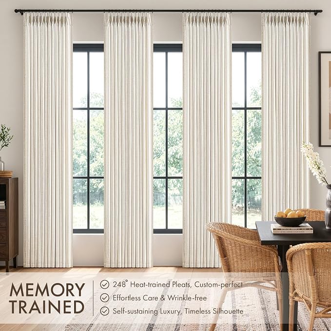 MIULEE 4 Panels Set Pinch Pleated Linen Curtains 90 Inches Long for Living Room Bedroom, Thick Linen Memory Trained Pleat Drapes Back Tab Light Filtering Beige White Window Curtains with Hooks