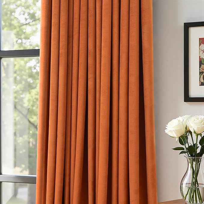 Burnt Orange Velvet Curtains 72 Inch Length 2 Panels for Dining Room Living Back Tab Pleated Thermal Insulated Curtains for Summer Heat Block Winter Rust Terracotta Drape for Girls Bedroom Kids Funky