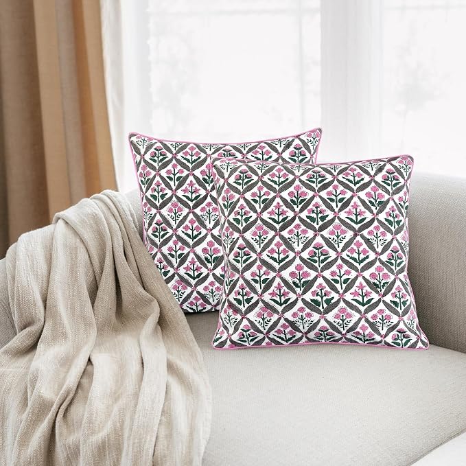 Ridhi Block Print Pink and White Pillow Cover 18" x 18" (Pack of 2) Decorative Couch Pillows for Living Room, Chic Boho Cute Outdoor Pillows Covers Gifts for Spring, Easter and Valentine
