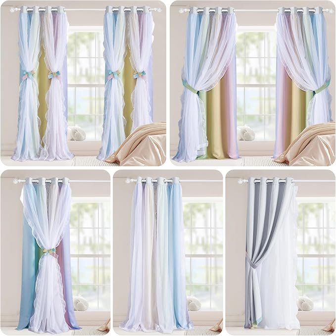 PONY DANCE Girls Curtains for Bedroom Decorative Drapes, Gradient Double Layer Curtain Ruffle Sheer Overlay Room Darkening Pretty Chic Princess, 52x84 inch, Rainbow, 2 PCs