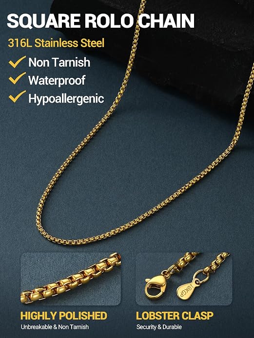 PROSTEEL Squre Rolo Link Chains, Stainless Steel/18K Gold/Black Necklace,2mm/3mm/6mm/8mm Width, Strong Lobster Clasp & Durable Chain for Mens Womens Jewelry,18"-30",with Gift Box