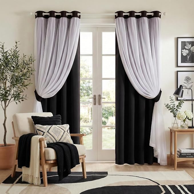 PONY DANCE Black Out Curtains - Double Layers Blackout Window Covering Sheer Linen Drapes with Grommet Curtains, 52 x 95 inch, Black, 2 PCs