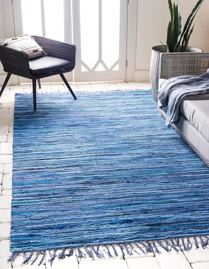 Unique Loom Chindi Cotton Collection Soft Hand Woven Natural Fiber Striped Area Rug, 9 ft x 12 ft, Navy Blue/Ivory