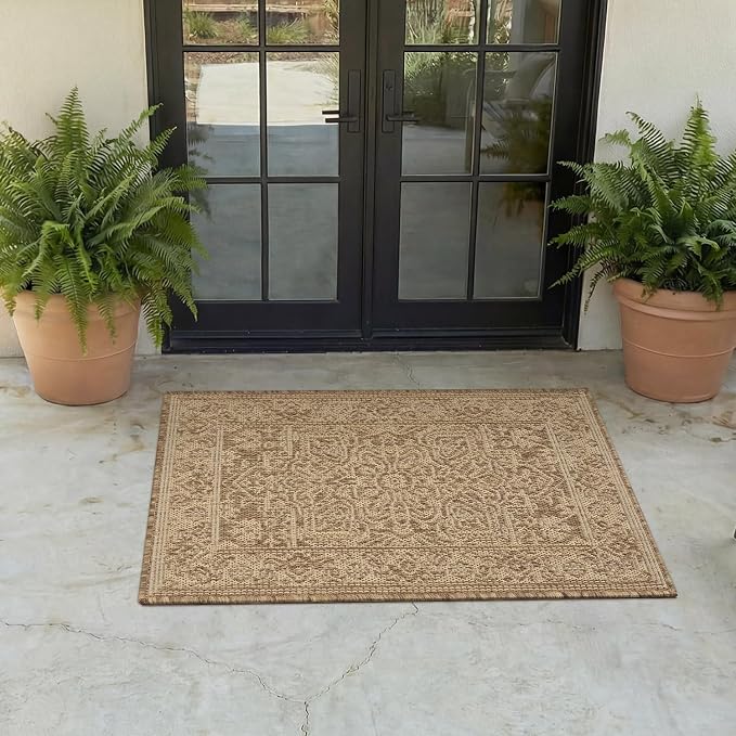 MontVoo-2x3 Outdoor Rug Porch Entryway Rug-Polypropylene Door Mat Indoor Outdoor Entrance Entry Rugs Kitchen Rugs, Textured Weave, Durable, Fade-Resistant, Non-Shedding, Vintage Neutral Brown