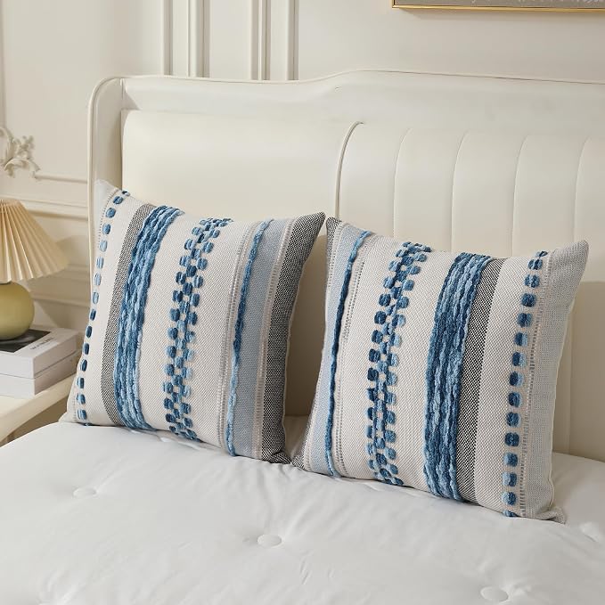 Boho Pillow Covers 18x18 Set of 2 for Couch-Modern Farmhouse Sofa Decorative Blue Throw Pillow Covers Textured Chenille Cushion Covers Outdoor Netural Bohemian Pillow Cases Square
