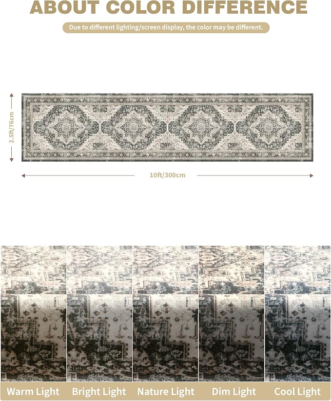Roxstand Washable 2.6x10 Runner Rug, Non Slip Hallway Rugs Black/Beige | Low Pile rug, Stain Resistant, Distressed Rug Runners for Entryway, Living Room, Bedroom, Kitchen, Laundry