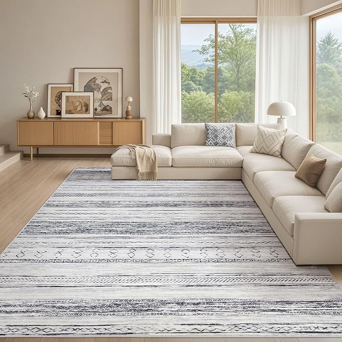 Tortania Area Rug Living Room Rugs - 10x12 Washable Large Soft Neutral Boho Moroccan Bohemian Farmhouse Rug Indoor Floor Carpet for Bedroom Under Dining Table Home Office Decor - Grey