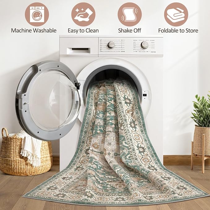 Runner Rug Kitchen Washable Rugs: 3x10 Non-Slip Abstract Soft Modern Stain Resistant Indoor Floor Neutral Accent Throw Carpet for Hallway Bathroom Laundry Room Entryway Bedroom- Green