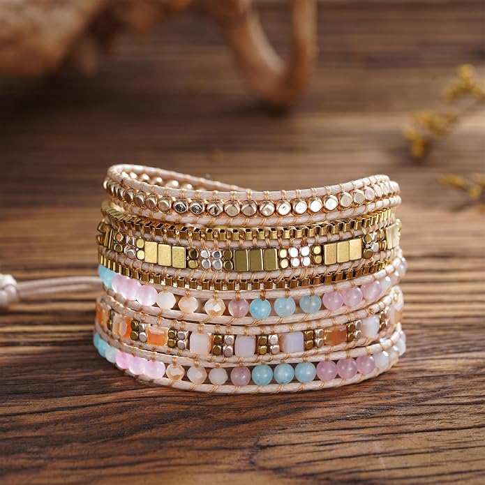 Plumiss Women Boho Handmade Natural Stone Crystal Leather Bead Wrap Bracelets Collection