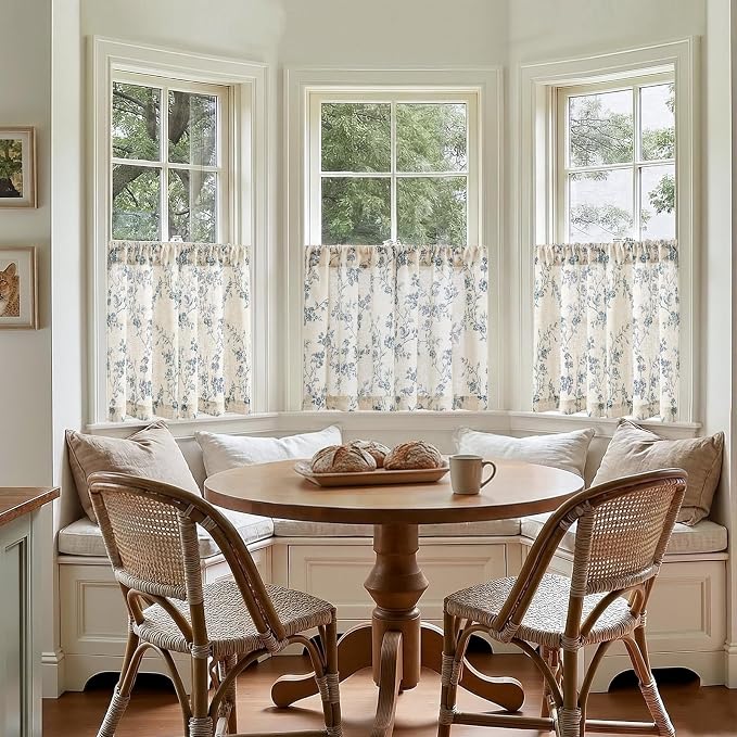 Lazzzy Elisa Floral Kitchen Curtains 24 Inch Linen Cafe Curtains Farmhouse Half Window Drapes Over Sink Light Filtering for Small Windows Rod Pocket Back Tab 2 Panels Blue on Beige