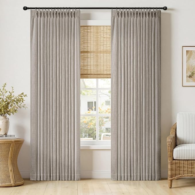 MIULEE Pinch Pleated Thick Linen Curtains 96 Inches Long 2 Panels for Living Room Bedroom, Memory Trained Pleat Drapes Light Filtering Taupe Semi Sheer Window Curtains Hooks Rings Back Tab