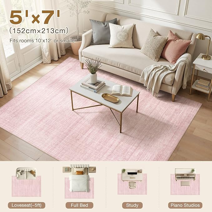 Nakagishi 5X7 Area Rugs Living Room: Washable Large Vintage Rug Neutral Non-Slip Soft Stain Resistant Indoor Carpet for Bedroom Nursery Dining Room Office Playroom - Pink