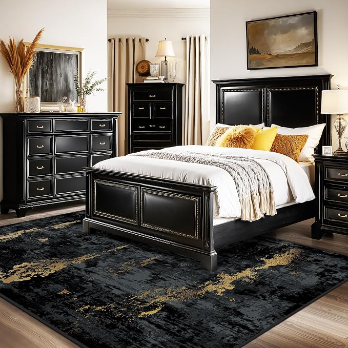 RELEANY Washable Area Rugs 10'x14' Non-Slip Modern Abstract Soft for Living Room Entryway Bedroom Kitchen, Print Pattern, Dark Black Gold