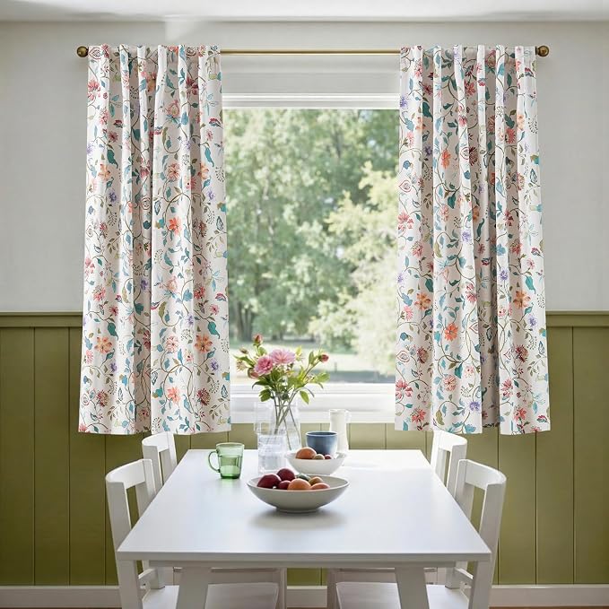 jinchan Beige Floral Blackout Curtains 63 Inch Back Tab 2 Panels Set | Room darkening, cream elegant vintage farmhouse drapes, botanical floral print, bedroom, living room, window treatment