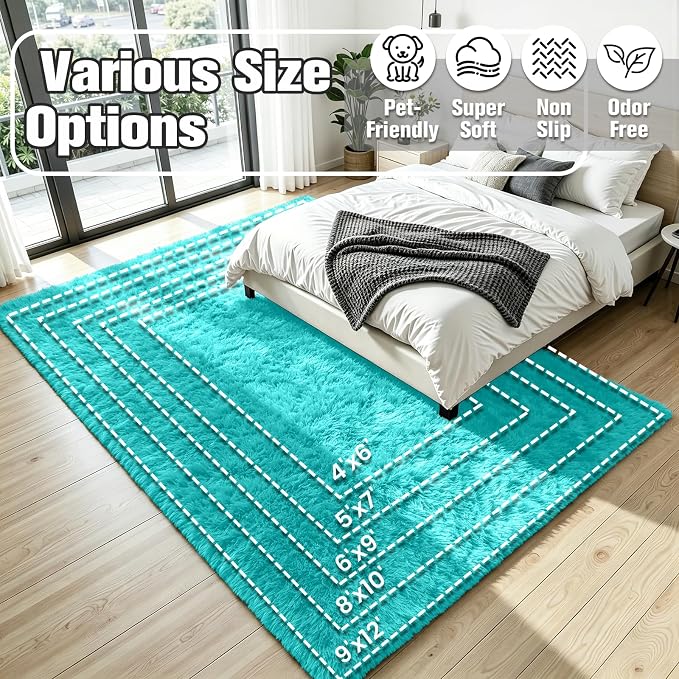 8x10 Area Rug for Living Room, Ultra Soft Fluffy Turquoise Rugs for Bedroom, Non Slip Large Shag Carpet, Fuzzy Plush Nursery Rug, Thick Washable Indoor Floor Carpets for Kids Office Dorm Home Decor