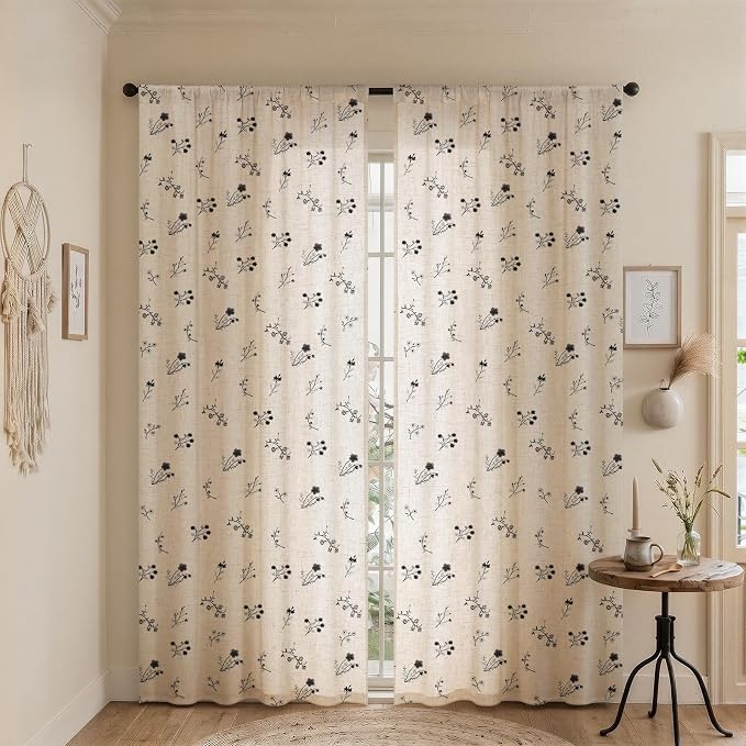 Black Floral Embroidered Linen Blend Curtains for Bedroom, 84 Inch Light Filtering Spring Farmhouse Vintage Drapes for Living Room Rod Pocket, Set of 2 Panels