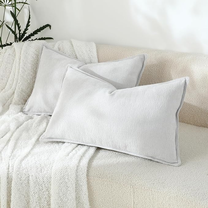 Stellhome Lumbar Chenille Throw Pillow Covers Set of 2 Super Soft Textured Decorative Pillow Covers Accent Solid Cushion Cover for Couch Sofa Bedroom Living Room 12x20 Inch, Light Grey