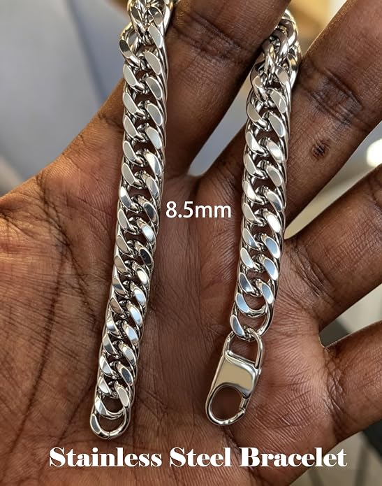 8.5mm Mens Silver Black 316L Diamond-cut Stainless Steel Cuban Link Chain Bracelet for Men, Durable Classic Wrist Jewelry, Gift for Him