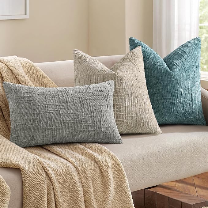 decorUhome Textured Chenille Throw Pillow Covers 26x26 Set of 2 Teal | Fall Modern Farmhouse Soft Cozy Slubby Couch Pillow Cases Boho Decorative Pillow Cases for Bed Sofa Living Room Home Decor