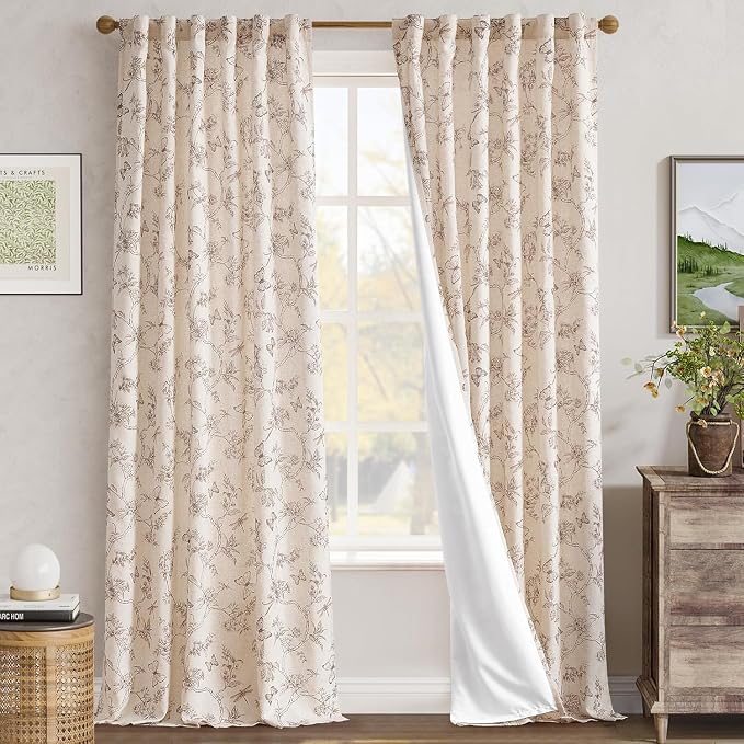 jinchan Taupe Floral Linen Curtains Lined 96 Inch Vintage Back Tab 2 Panels | Privacy lining, light filtering drapes, cottagecore, french country, farmhouse, bedroom, living room, window treatment