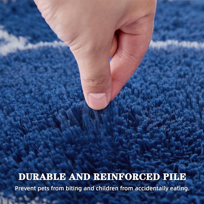 Fluffy Rug for Living Room, Soft Modern 8x10 Blue and White Shag Area Rugs | Non Slip Blue Carpet for Bedroom, Home Decor Aesthetic, Washable Large Fuzzy Plush Floor Mat for Nursery Teen Dorm