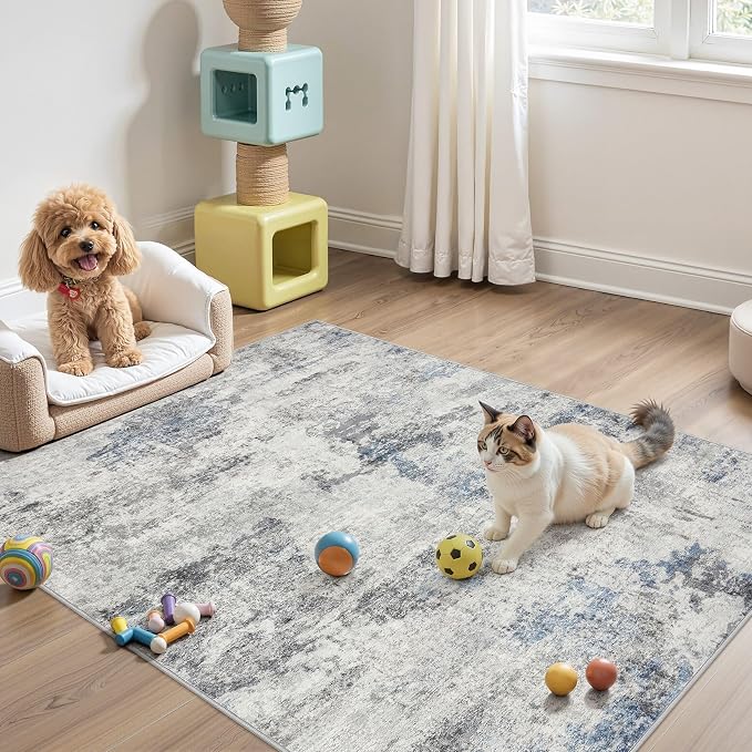 DMOYEST 4x6 Area Rug - Washable & Non Slip Indoor Rug for Living Room, Ultra Soft Abstract Low Pile Carpet, Kid & Pet Friendly Neutral Decor for Bedroom - Grey Blue