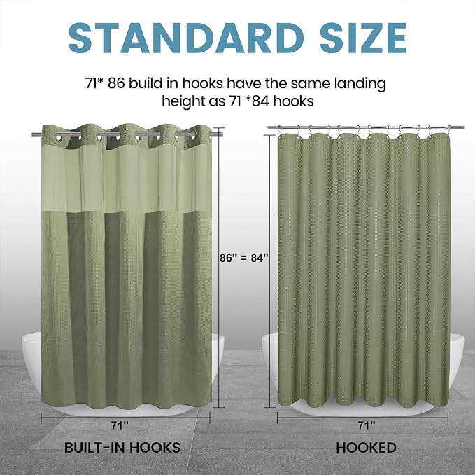 EUTXL Heavyweight Sage Green Long Hotel Shower Curtain - 256GSM Waffle Textured Heavy Duty Thick Fabric Shower Curtains for Bathroom,71W x 86H
