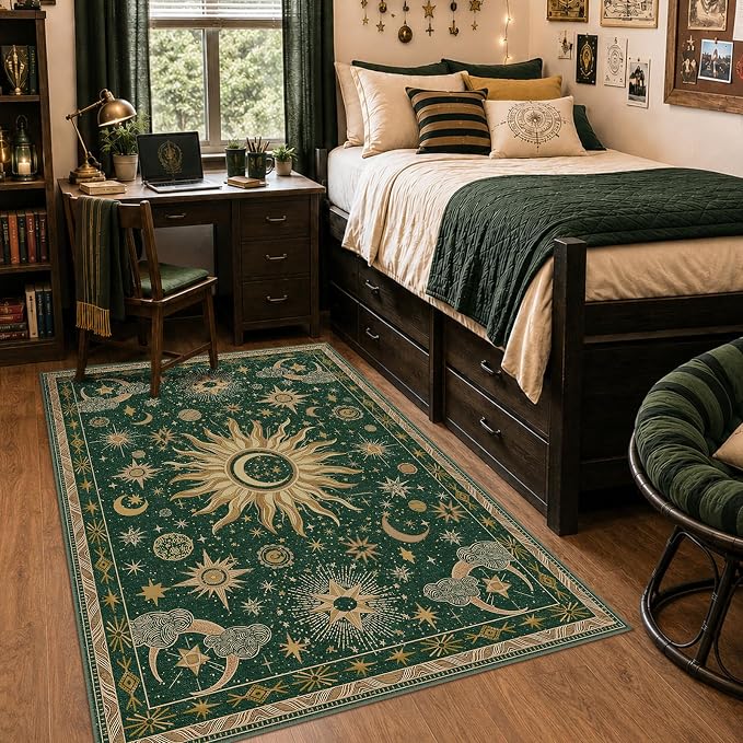Vacuum-Friendly, 4x6 Washable Area Rug, Green Gold Yellow | Sun and Moon Boho Gothic Non-Slip Low Pile Living Roon Bedroom Dining Room Kitchen Entry Entryway Entrance Hallway Doormat