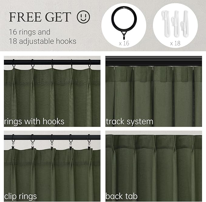 Topfinel 90 Inches Long Linen Curtains for Living Room 2 Panels Set,Back Tab Pinch Pleated Hooks Track System Olive Green Semi Sheer Window Curtain Drapes for Bedroom,Modern Neutral Decor,40"x90"