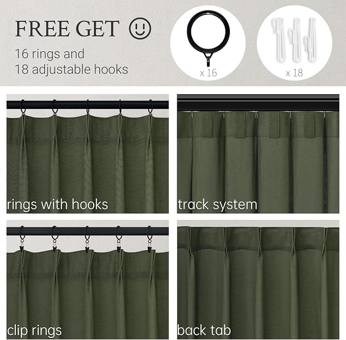 Olive Green Linen Semi Sheer Curtains 86 Inches Long,Spring Boho Natural Bedroom Living Room Home Decor,Cotton Linen Blended Light Filtering Pinch Pleated Window Curtain 7.17ft Panels Set of 2